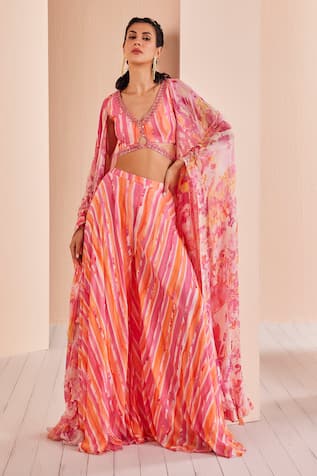 Mandira Wirk - Indian Printed Sharara Set With Floral Pattern Cape 