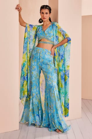 Mandira Wirk - Indian Floral Print Cape Sharara Set 