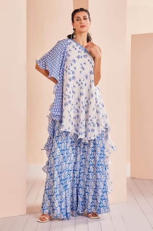 Mandira Wirk - Indian Floral Print One Shoder Top & Sharara Set 