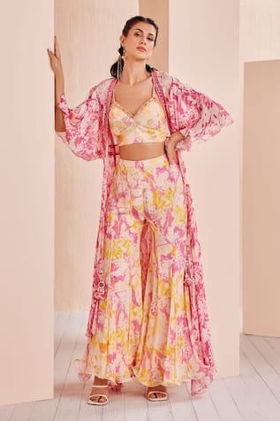 Mandira Wirk Floral Print Sharara Set With Cape 