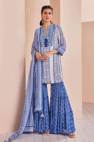 Mandira Wirk - Indian Floral Print Short Kurta Sharara Set 