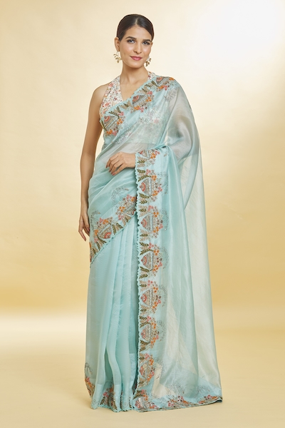 Buy Blue Polyester Textured Contour Pallu Pre-stitched Saree With Blouse  For Women by Somya Goyal Online at Aza Fashions.