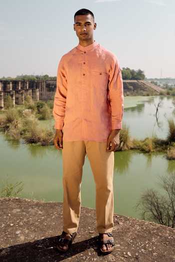 Kharakapas Coral Crane Linen Shirt 