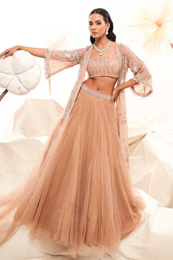 Payal & Zinal Stripe Embroidered Cape Lehenga Set 