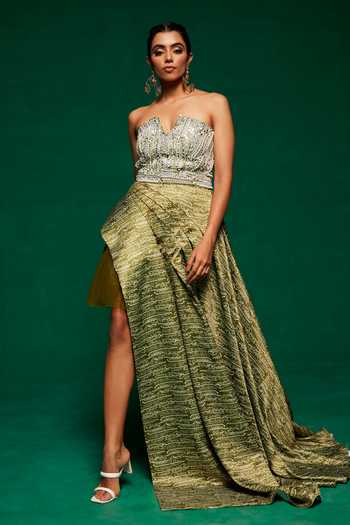 Payal & Zinal Stripe Print Gown With Embroidered Belt 