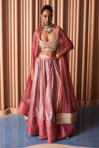 Rishi and Vibhuti Stella Stripe Pattern Embroidered Lehenga Set 