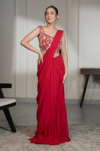 Saniya Sharma Pre-Draped Saree With Floral Embellished Blouse 