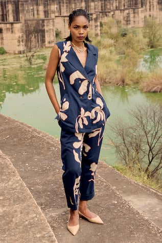 Navy Blue Lino Print Tunic & Trouser Set 