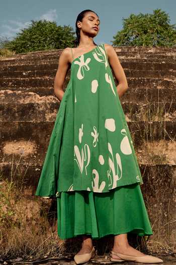 Kharakapas Forest Green Lino Print Layered Dress 