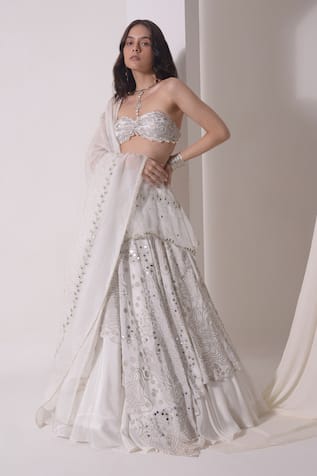 Shwetanga Embellished Asymmetric Layered Lehenga Bustier Set 