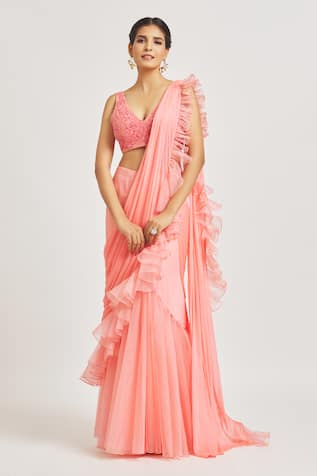 Asaga Pre-Draped Ruffle Saree With Floral Embroidered Blouse 