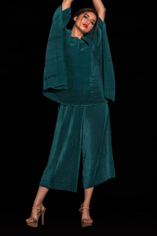 Teal Green Pleated Kaftan & Palazzo Set 