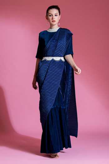 Preeti Mehta Pleated Satin Saree Gown With Embroidered Belt 