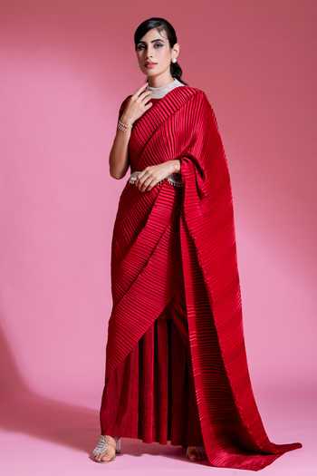 Preeti Mehta Pleated Red Saree Gown With Embroidered Belt 