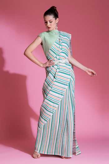 Preeti Mehta Stripe Pattern Pleated Saree With Blouse 