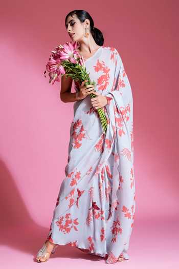 Preeti Mehta Floral Print Pleated Saree With Blouse 