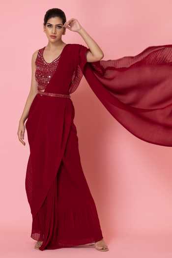 Preeti Mehta Pre-Draped Pleated Saree With Mirror Work Blouse 