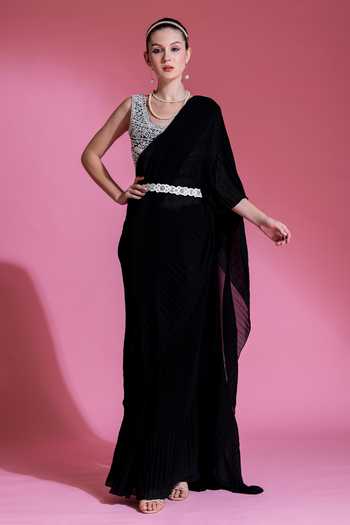 Preeti Mehta Pleated Saree With Mirror Work Blouse 