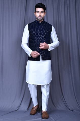 Navy Blue Velvet Embroidered Bundi 