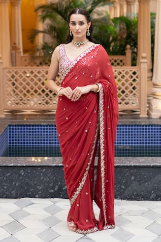 Esha Koul Mirror Embroidered Pre-Draped Saree With Blouse 