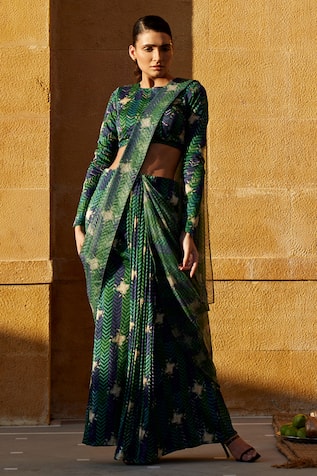 Amrood Printed Pre-Draped Saree With Blouse 