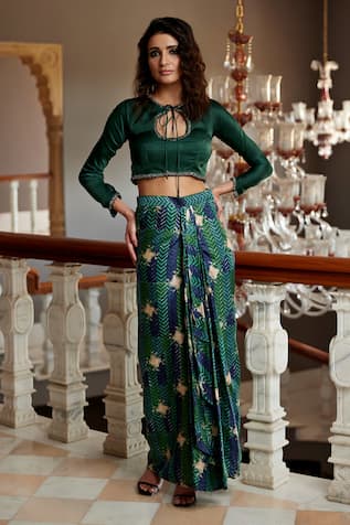 Amrood Neckline Embroidered Top & Printed Draped Skirt Set 