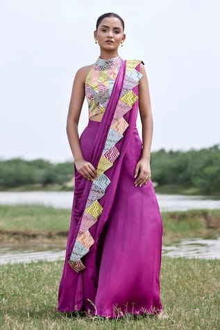 Amrood Chevron Patch Work Embellished Pant Saree With Blouse 