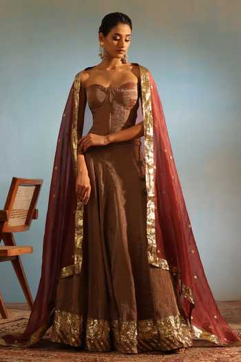Weaver Story Brown Tissue Silk Corset Lehenga Set 