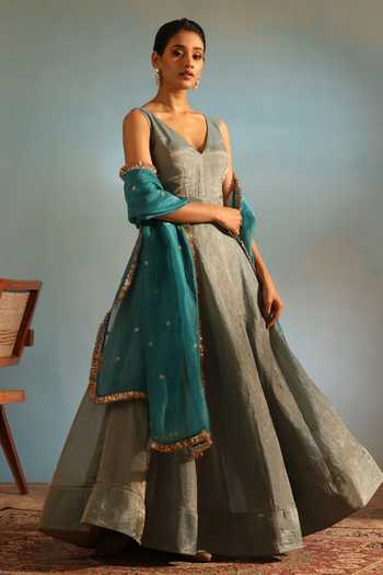 Weaver Story Tissue Silk Anarkali Set With Butti Work Dupatta 