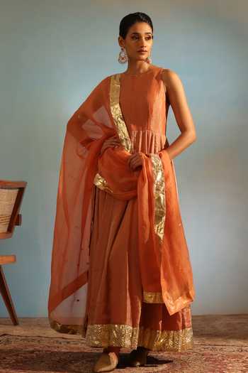 Weaver Story Orange Tissue Silk Anarkali Churidar Set 