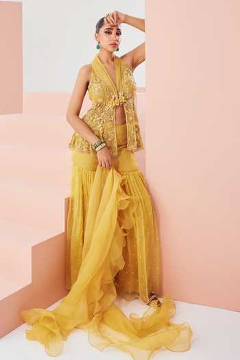 Awigna Floral Embroidered Yellow Kurta Sharara Set 