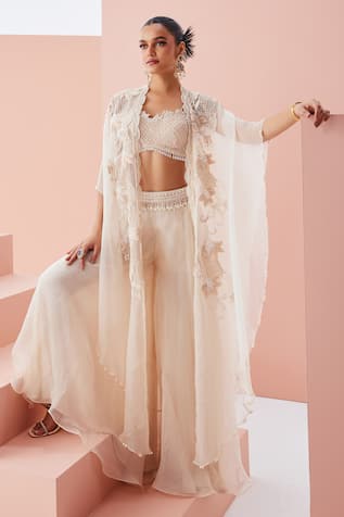 Awigna Ivory Embroidered Cape Palazzo Set 