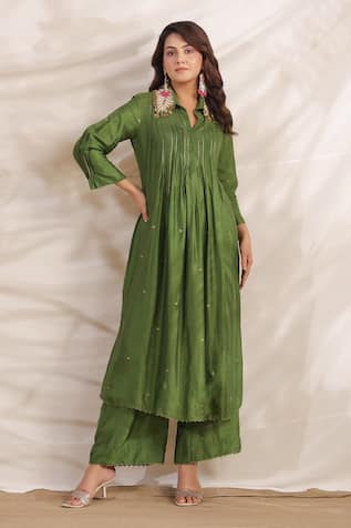 Label Niti Bothra Pankh Silk Pintucked Anarkali & Palazzo Set 