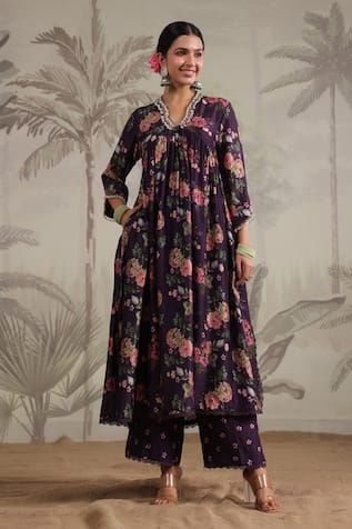 Label Niti Bothra Vintage Rose Print Gathered Anarkali With Palazzo 