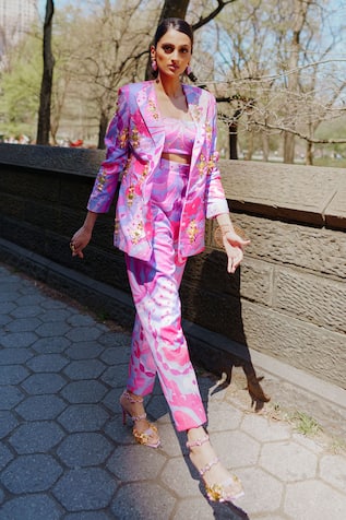 Printed & Sequinned Blazer Pant Set 