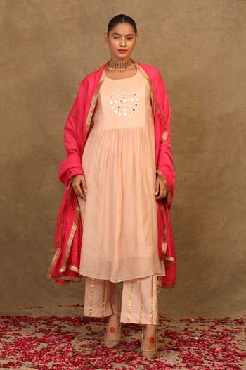 Trendy Tokari Mirror Yoke Embroidered Peach Kurta Set 