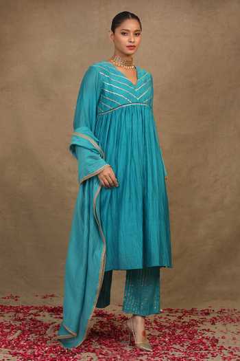 Trendy Tokari Striped Gota Lace Yoke Embroidered Kurta Pant Set 