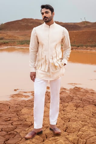 Runit Gupta Beige Hand Embroidered Bundi Set 