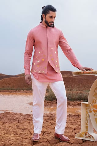 Runit Gupta Pink Hand Embroidered Bundi & Kurta Set 