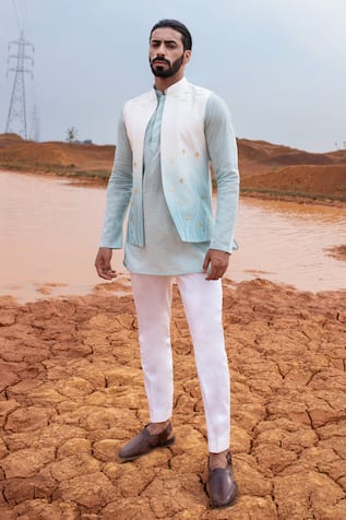 Runit Gupta Hand Embroidered Blue Chanderi Silk Bundi 