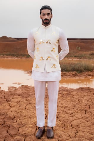 Runit Gupta Ivory Hand Embroidered Bundi Set 