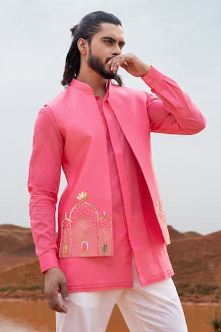 Fuchsia Hand Embroidered Bundi For Kids