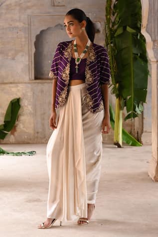 Deep Thee Iris Zari Phool Embroidered Jacket Draped Skirt Set 