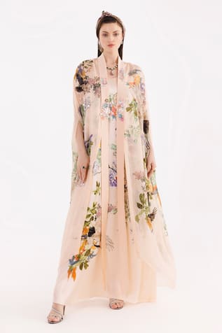 EEKSHA Botanical Print Dress With Cape 