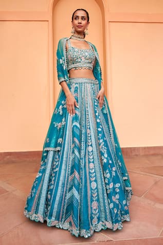 Osaa by Adarsh Floral Stripe Embroidered Bridal Lehenga Set 