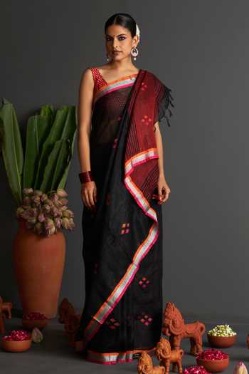 Five Point Five Bulbul Geometric Motif Woven Linen Saree With Running Blouse 