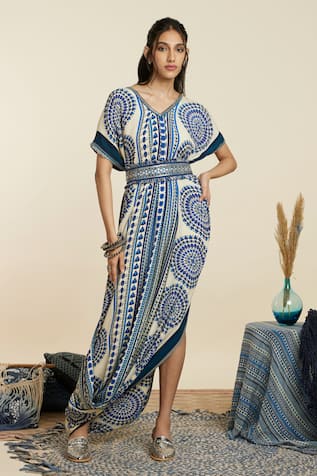 SVA by Sonam & Paras Modi Geometric Print Draped Dress With Belt 