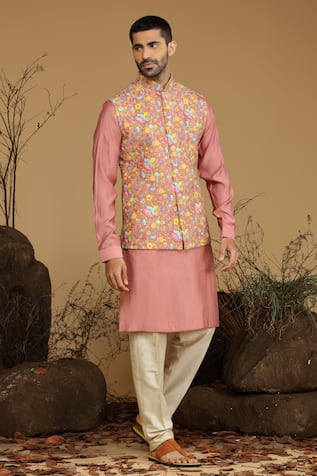Floral Embroidered Silk Bundi & Kurta Set 
