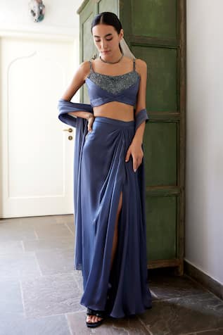 Parshya Grey Embroidered Blouse & Draped Skirt Set 