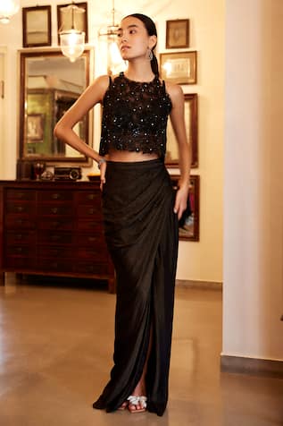 Parshya Sheer Embroidered Top Skirt Set 